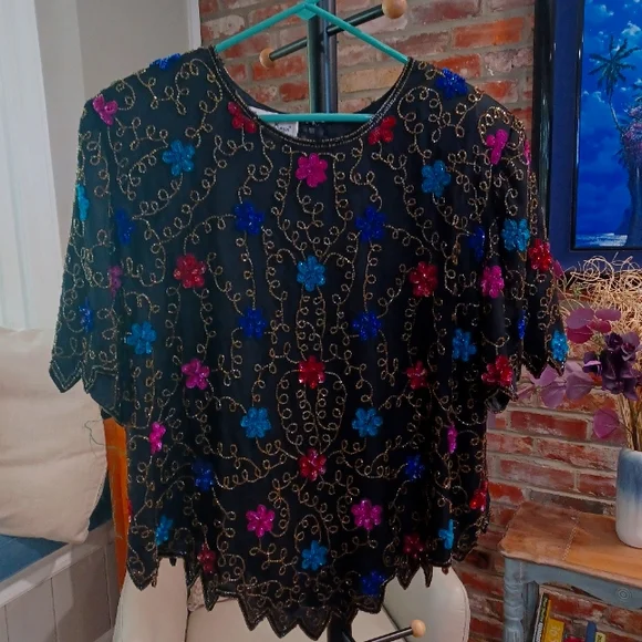 Laurence Kazar Beaded Silk Short Sleeve Top Size 3X - Picture 1 of 13